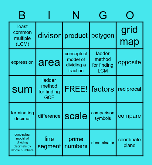 SWUN Vocabulary - Unit 1 (6th Grade) Bingo Card