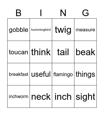 Inch by inch Bingo Card
