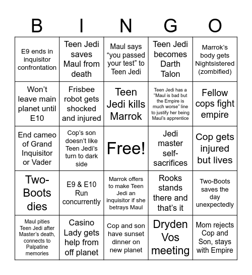 Maul Finale Bingo Card