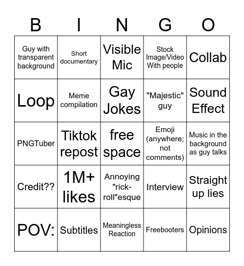 Youtube SHORTS!! Bingo Card