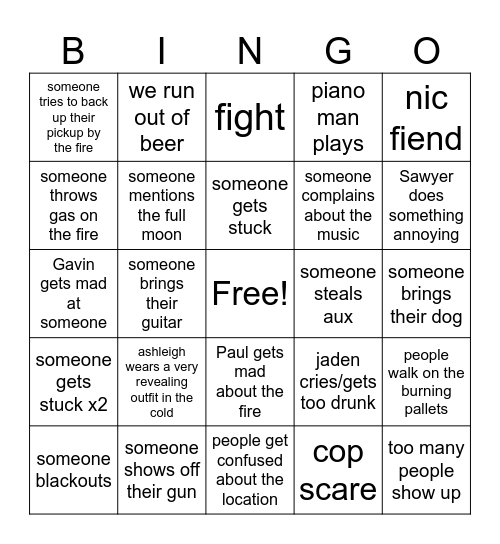 bonfire bingo Card