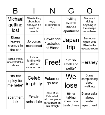 Philly trip 2026 Bingo Card