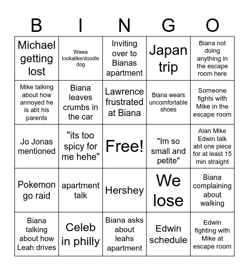 Philly trip 2026 Bingo Card