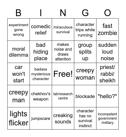 zombie movie bingo Card