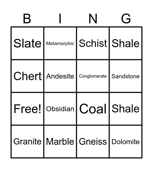 Types of rocks Bingo Card
