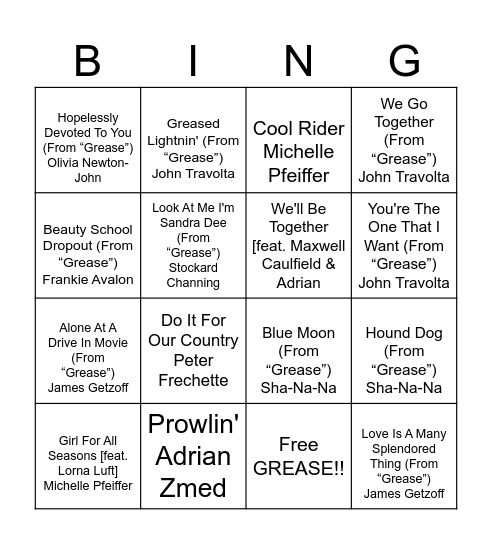 GREASE 1-2 Bingo Card