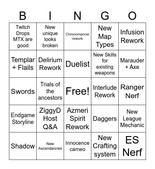 PoE2 0.5 Livestream Bingo Card