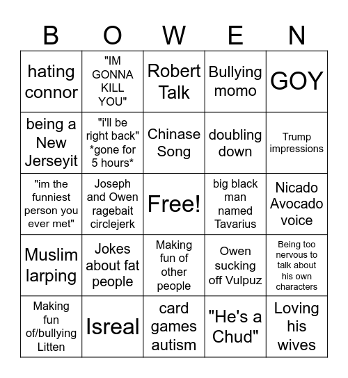 Owen Bingo Card Bingo Card