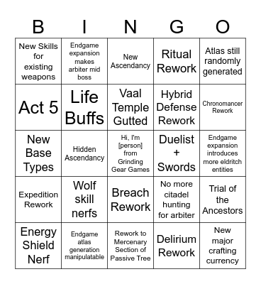 PoE 2 Patch 0.5 Bingo Card