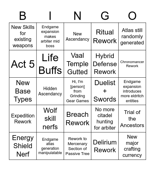 PoE 2 Patch 0.5 Bingo Card