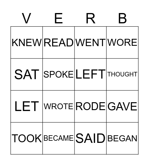 verbs Bingo Card