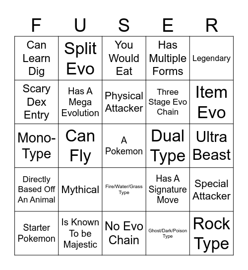 Fusion Bingo Card