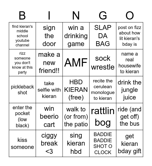 KIERAN BIRTHDAY BINGO Card