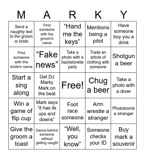 Bachelor Party Bingo Card