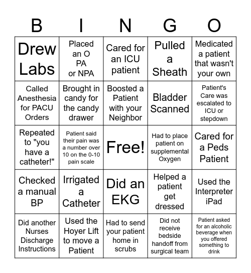 Nurse's Week Bingo Card