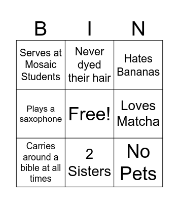 MOSAIC YOUNG ADULTS Bingo Card