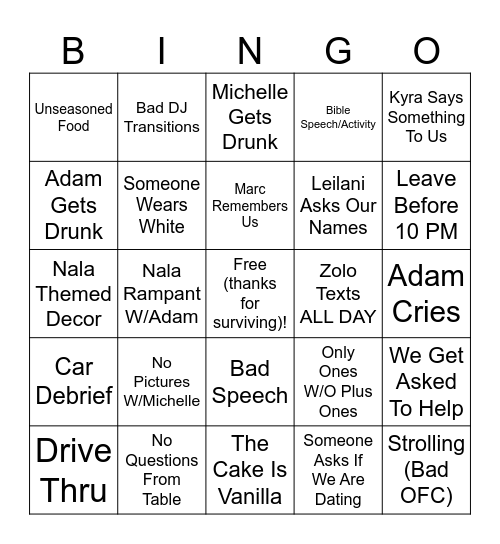 Wedding Bingo Card