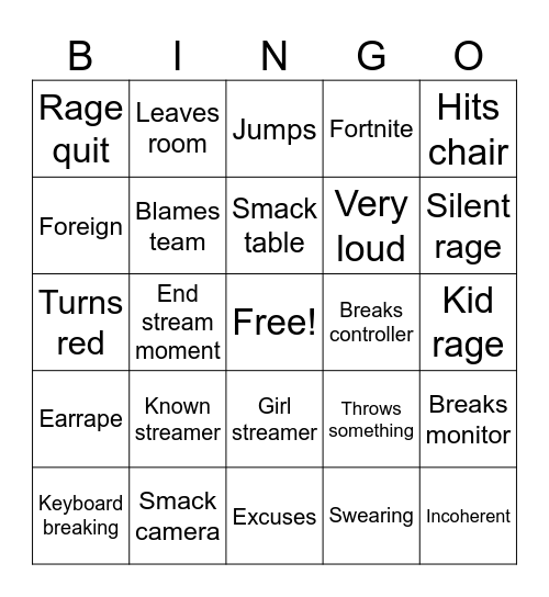 Gamer rage Bingo Card