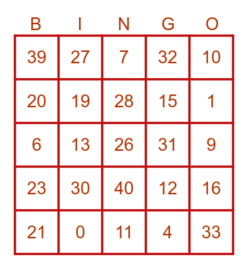 Numbers 0-40 Bingo Card