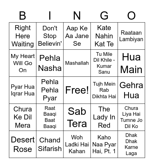Arabian Night Anniversary Musical Bingo Card