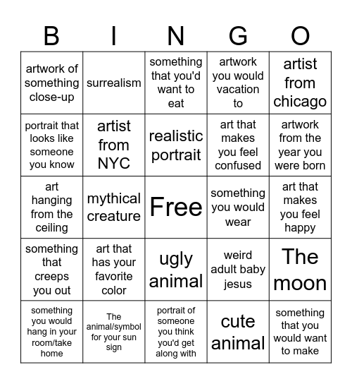 Art Museum Bingo Card