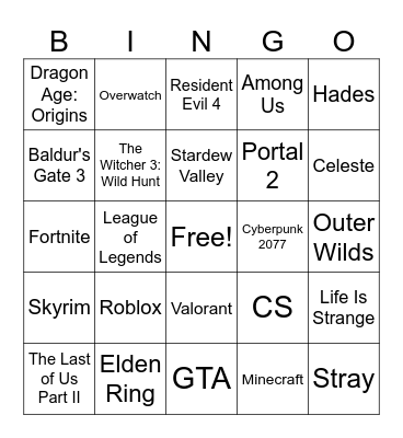 Video Game Bingo Card