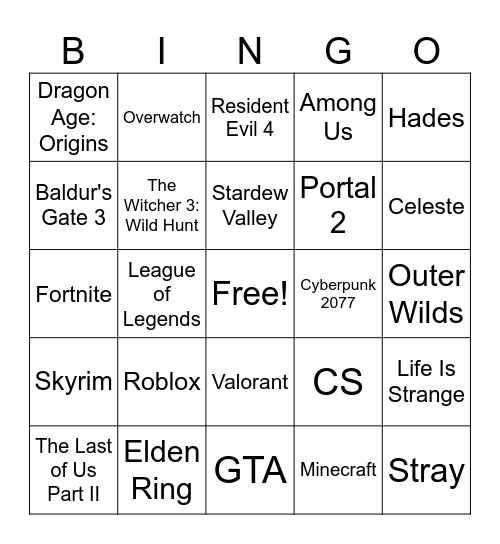 Video Game Bingo Card