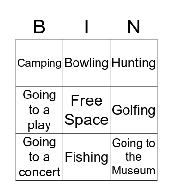Leisure  Bingo Card