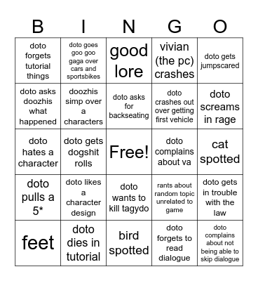 grand theft anime game Bingo Card