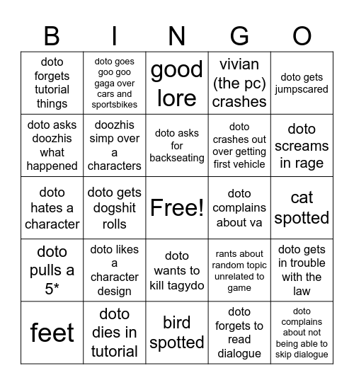 grand theft anime game Bingo Card