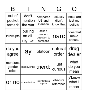 Zak (the youngest child) Bingo Card