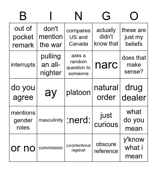 Zak (the youngest child) Bingo Card