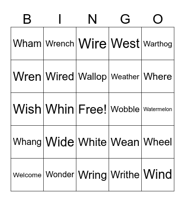 Action Verbs Start With W Bingo Card