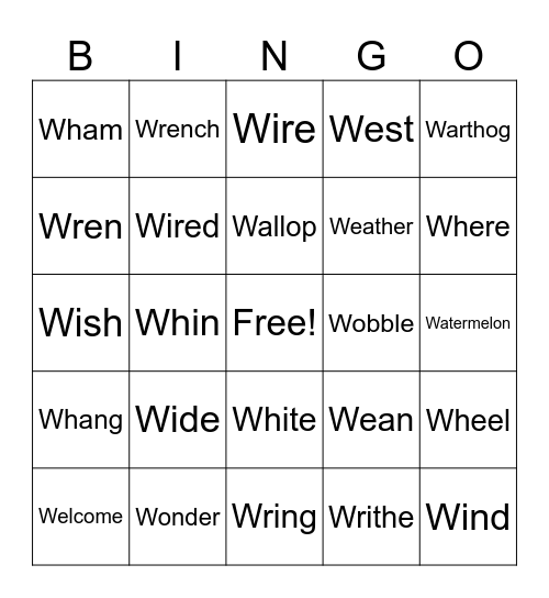 Action Verbs Start With W Bingo Card