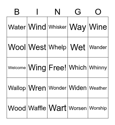 Action Verbs Start With W Bingo Card