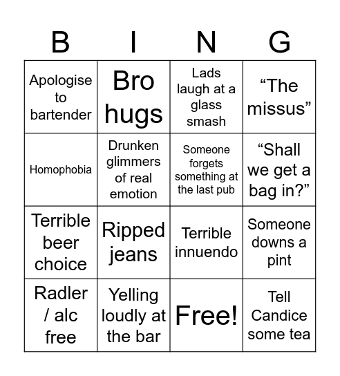 Stag do survival Bingo Card