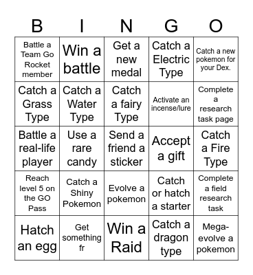 Pokemon GO BINGO Card Bingo Card