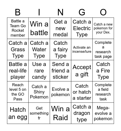 Pokemon GO BINGO Card Bingo Card