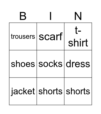 Clothes Bingo Card