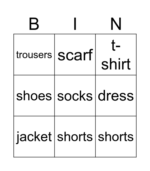 Clothes Bingo Card