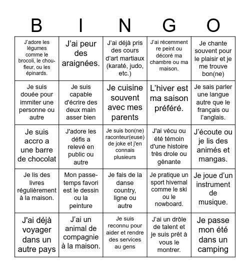 Bingo pour tous généralisé Bingo Card
