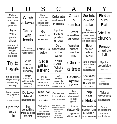 Tuscany Travel Bingo Card