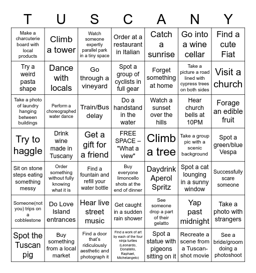 Tuscany Travel Bingo Card