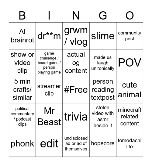 youtube shrts Bingo Card