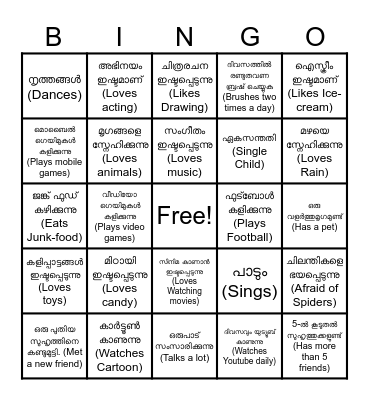 Link-Up BINGO→ മിണ്ടോ- ബിങ്കോ Bingo Card