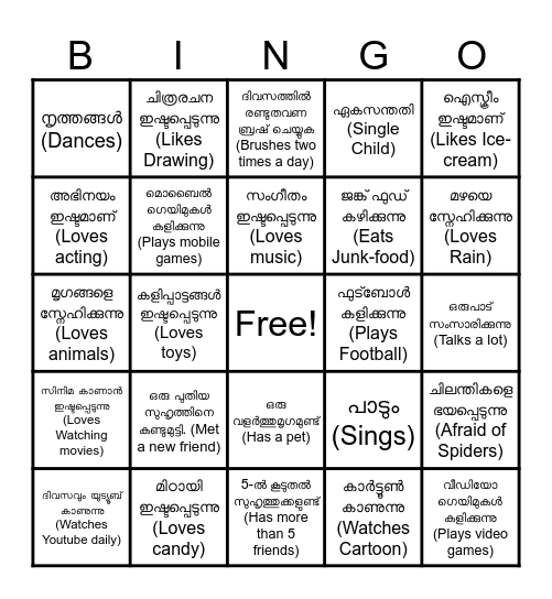 Link-Up BINGO→ മിണ്ടോ- ബിങ്കോ Bingo Card