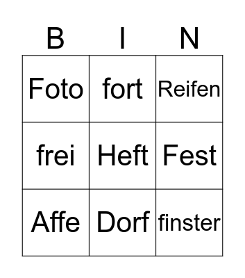 Buchstabe F f Bingo Card