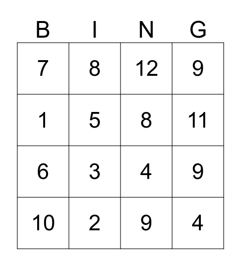 Number Bingo  Bingo Card