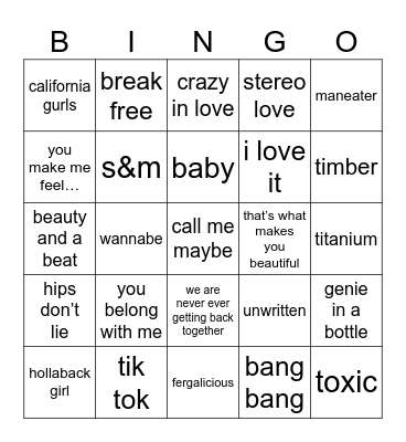 white girl anthems Bingo Card