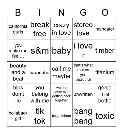 white girl anthems Bingo Card